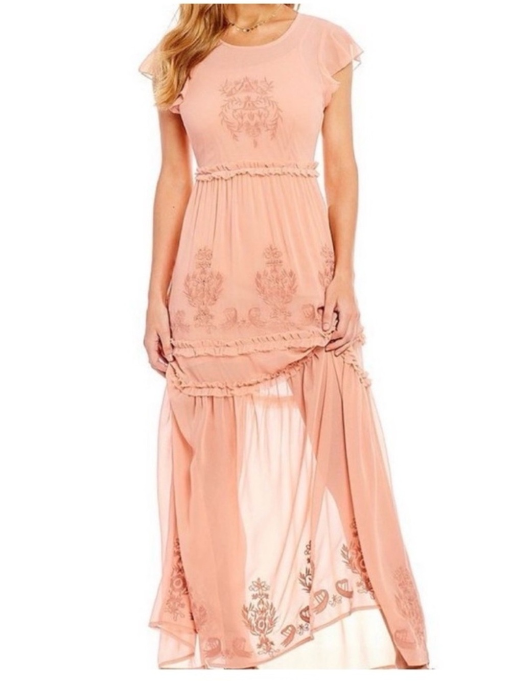 Altar'd State Peach Lycee Embroidered Ruffle Maxi Dress Size Small